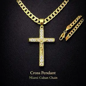 14K Gold Plated Jesus Christ Cross Crucifix Pendant 2" with Bling Crystals Cuban/Figaro for Men Women Religious Hip Hop Jewelry