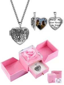 Personalized Sister Heart Locket Necklace With Rose Jewelry Gift Box, Always My Sister Necklace, Custom Lockets Pendant Memorial Jewelry Gifts for Sisters