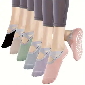 6 Pairs Women's Yoga Socks with Anti-Slip Silicone Grip - Breathable Polyester Blend Suitable for Pilates, Floor Exercise and Ballet, All-Season Machine Washable Dance Fitness Socks with Short Ankle Cuff Design