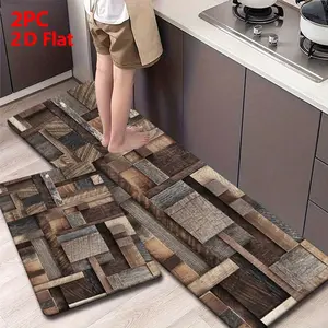 2/3 Piece Flannel Kitchen Mat Set, Geometric Wood Pattern, Non-Slip, Absorbent, Home Decor for Kitchen, Bathroom, Laundry Room, Hallway