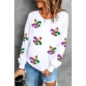 White Sequin Mardi Gras Graphic Pullover Sweatshirt