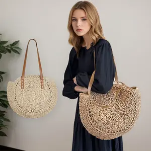 Elegant Large Capacity Straw Shoulder Bag for Women Handmade Round Tote Woven Hollow Out Handbag for Party and Travel
