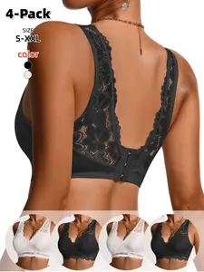 4-Pack Women's Wireless Lace Bralettes, Embroidered Low Back Comfortable Breathable Casual Tank Tops, Elegant Floral Sexy Bras, All Seasons