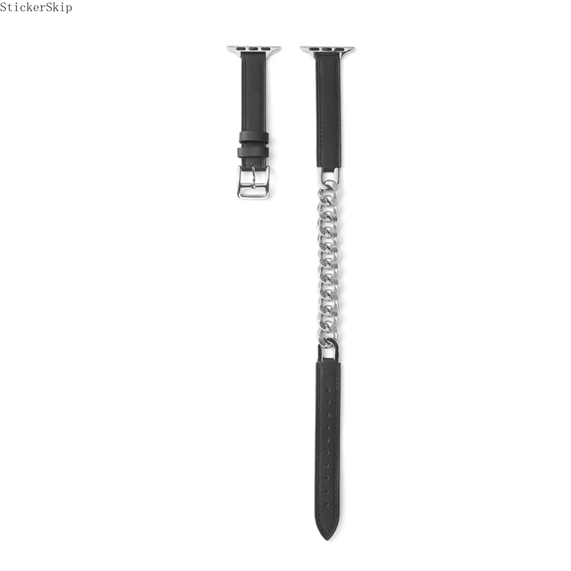 2026Black Leather & Silver Chain  Watch Band - Two-Piece Strap, Fits iWatch Series 10 9 8 7 6 SE Ultra, Edgy & Stylish for Night Out & Streetwear