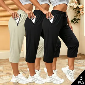 3-pack women’s casual athletic solid-color capris—breathable summer shorts with an elastic drawstring waist and zippered side pockets; suitable for running, beach trips, and home leisure—a sensible choice for summer and a great gift. summerwins