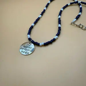 Inspiring Quote Necklace - "She Believed She Could So She Did" - Navy & White Beaded Chain - Motivational Jewelry for Women
