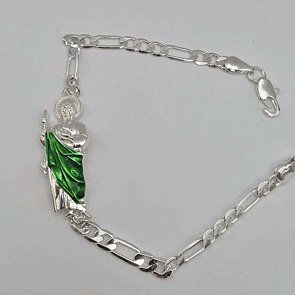 Saint Jude silver plated religious style bracelet 8"inches  figaro link Perfect Gift Stainless Steel