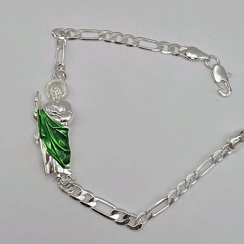 Saint Jude silver plated religious style bracelet 8"inches  figaro link Perfect Gift Stainless Steel