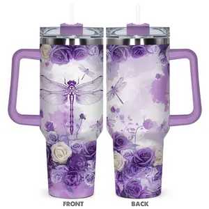 Dragonfly & Rose Pattern Tumbler, Stainless Steel Water Bottle, Insulated and Durable, Gift for Any Occasion, Drinkware, Stainless Steel Thermos