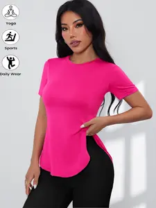 Women's Casual Summer Sports Tee, Side Split Elastic Short Sleeve Top, Ideal for Yoga & Fitness, Comfortable Stretch Fabric, Activewear Tee