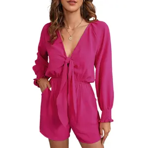 Women's Rose V-Neck Romper – Long Sleeve Tie Knot Playsuit with Pockets, Sexy Vacation Outfit