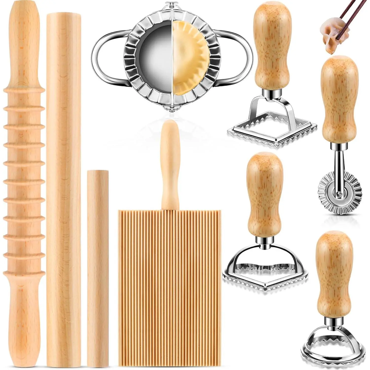9 count Gnocchi Pasta Making Tools kit - Gnocchi Board, Pasta , Ravioli , Wood Threaded Pasta Roller Pin Set, Noodle and Dumplings Maker, Homemade Kitchen Gift for Pasta Lovers