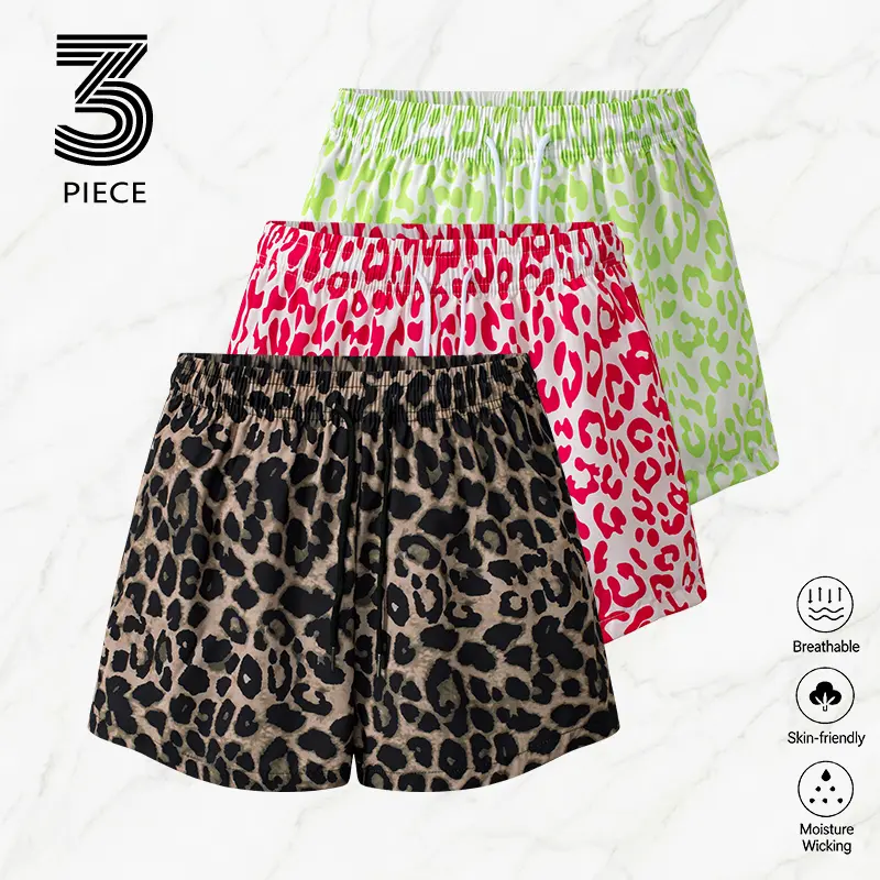 3-Pack Women's Shorts Y2K-style camouflage leopard print thong shorts. Elastic waistband, loose fit. Women’s casual long pants for summer. Suitable for outdoor activities and everyday home wear.