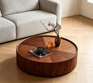 39.3-inch Round Walnut Coffee Table Modern Design with Wood Veneer Stable Iron Ring Base for Bedrooms Living Rooms and Offices Easy Assembly Smooth Surface