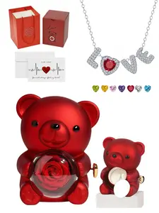 Crimson Heart Weaves Love · Diamond Whisper | Original Luxury LOVE Birthstone Gem Heart Shaped Necklace with Rotating Bear & Rose Gift Box, Perfect All-Occasion Gift for Wife & Daughter, Ideal for Birthday, Mother's Day & Valentine's Day