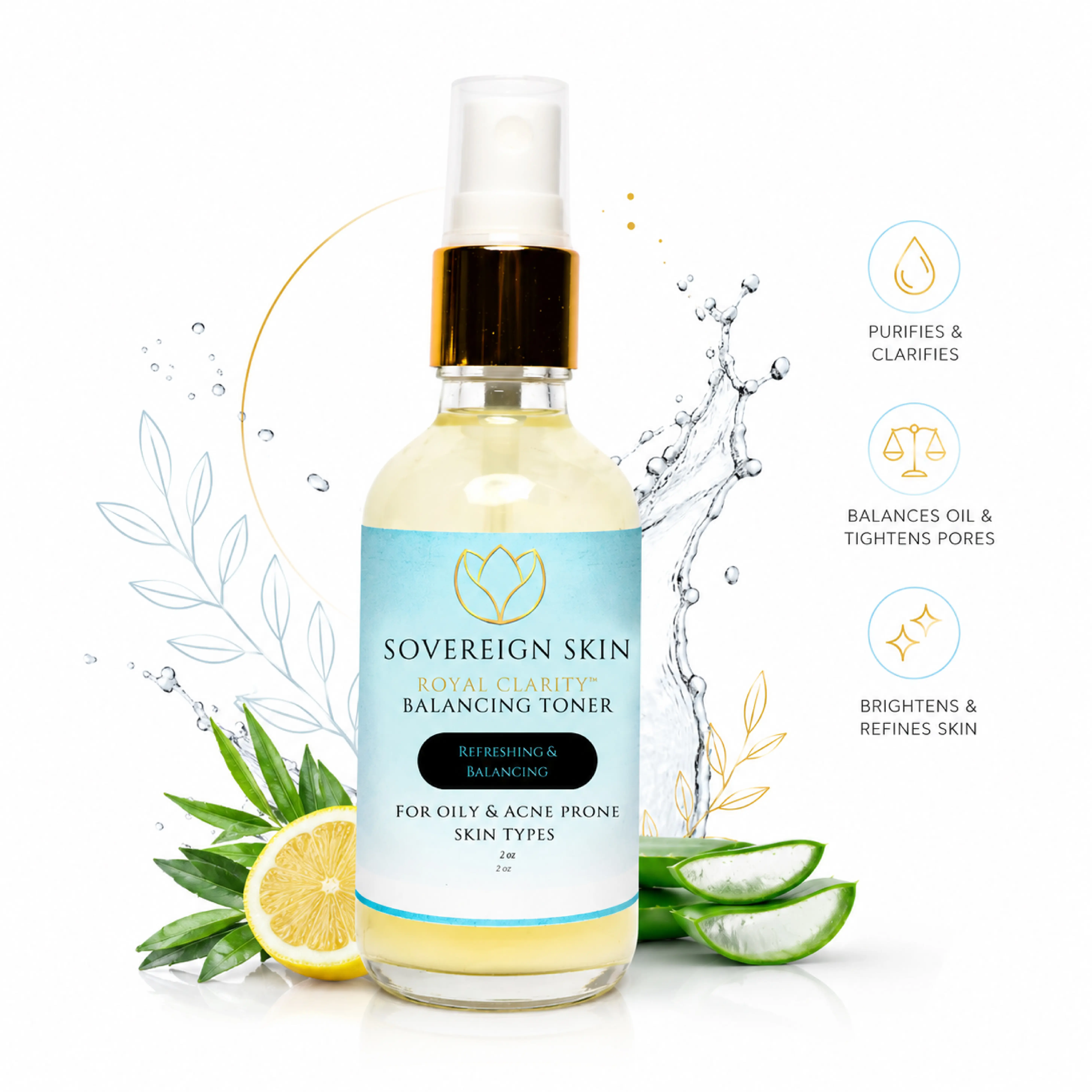 Sovereign Skin RoyalClarity Balancing Toner with Tea Tree, Kojic Acid, Lemon Extract & Aloe Vera | Refreshing Facial Toner for Oily & Combination Skin | Daily Skin Clarifying & Balancing Mist 2oz