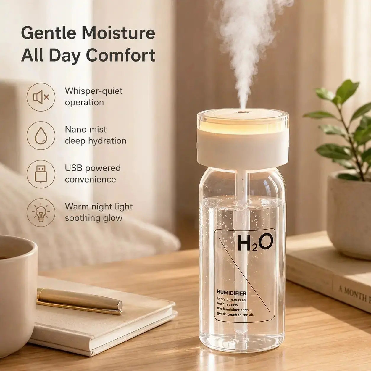 Portable electronic humidifier, durable and long-lasting, with fine mist, comes with a USB charger, transparent body, includes a storage bag, fits in a car cup holder, effectively solves humidity issues, and brightens up your space