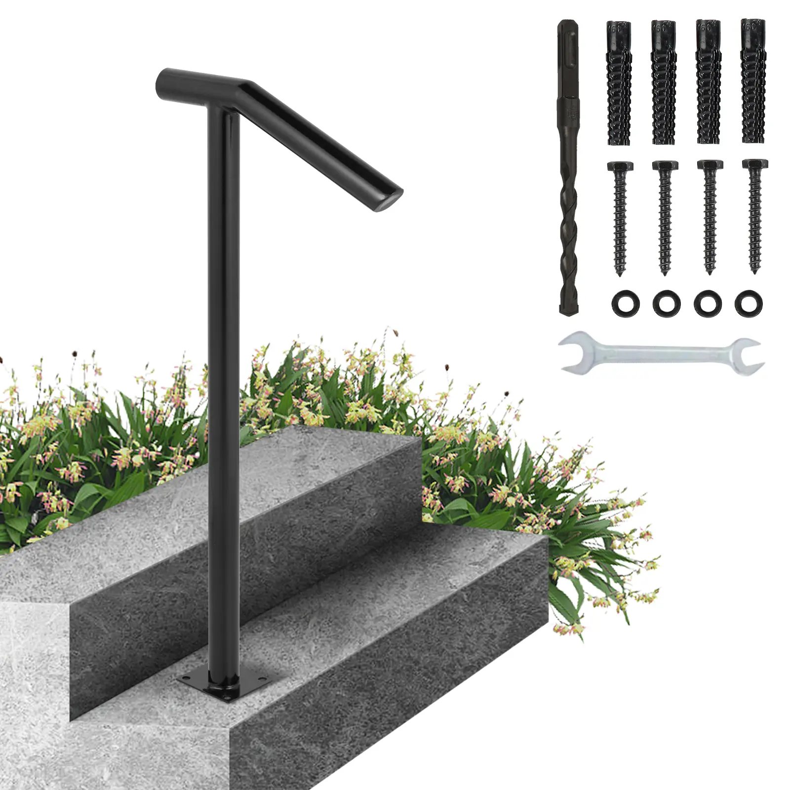 VEVOR Modern Single Post Black Iron Outdoor Railing, 441LBS High Load Baking Varnish Steel Handrail for 1-2 Steps, Concrete Support Residential Complete Kit with Expansion Bolts & Drill Bit, 10+ Years Durability Ideal for Elderly & Pregnant Women