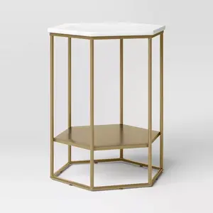 Threshold Modern Accent Table - Round Iron Frame, Brass Finish, White Stone Top, Modern Accent Tables