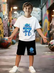 Boys' Fashion Set, Creative Cartoon Number 67 Round Neck Short Sleeve and Shorts, Summer Comfortable, Perfect Gift for Boys