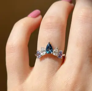 Sterling Silver Sapphire, Tanzanite and White Topaz Chevron Ring