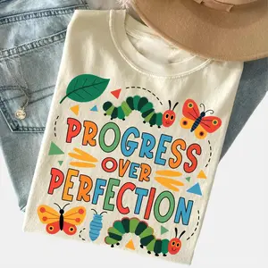 Vintage Oversized Graphic Tee, Progress Over Perfection Caterpillar Butterfly T-Shirt, Retro Growth Mindset Teacher Top for Women, Trendy Motivational Shirt, Apparel, Gift for Educators, Daily Outfit