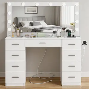 Vanity desk with Large Mirror and LED Lights, Vanity Table with 7 Drawers & Transparent Desktop, Makeup Vanity Desk with Charging Station for Women, Girls, 3 Lighting Color Adjustable, White