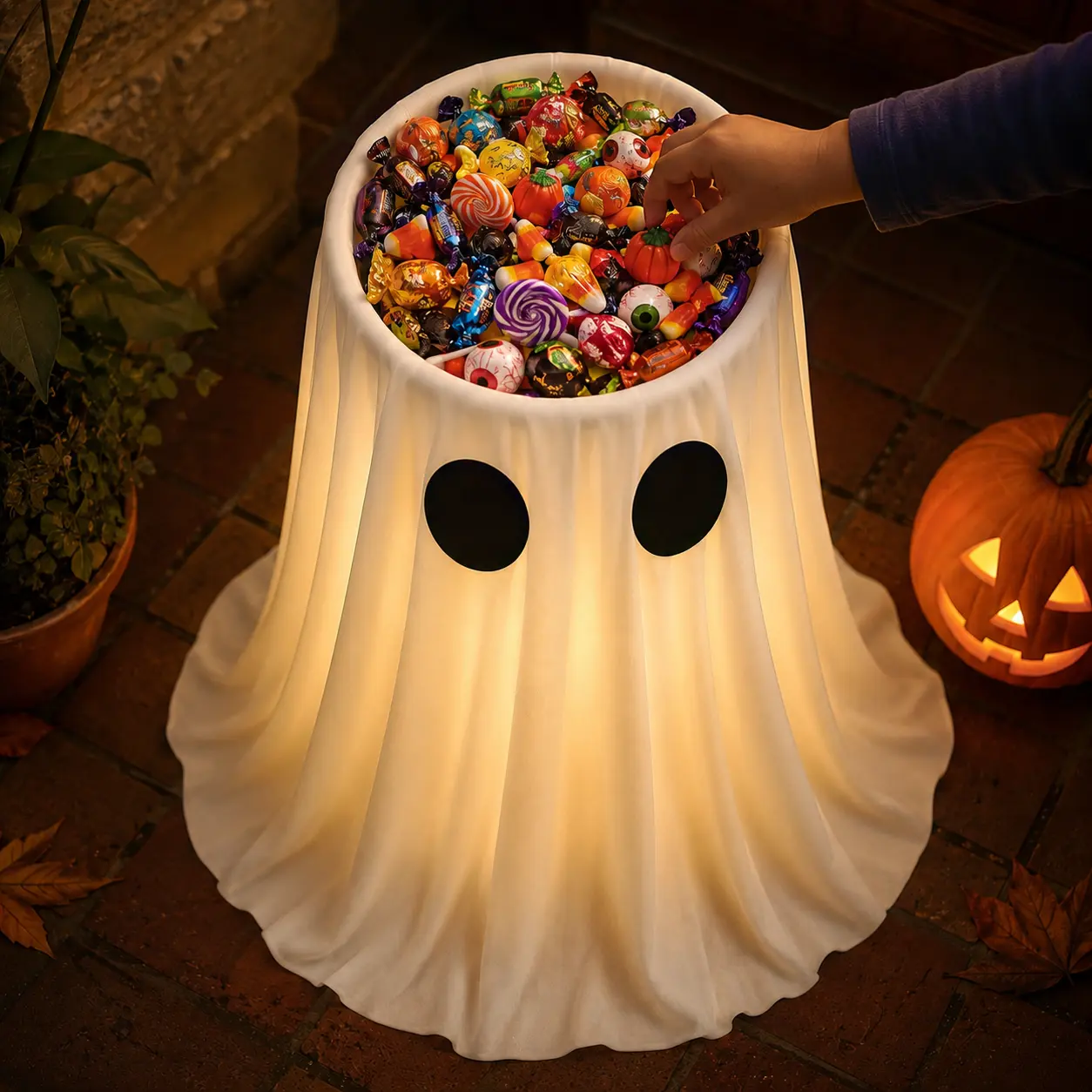 Halloween Decorations - DIY Halloween Ghost Candy Bowl Stand Decoration with 8 Modes Remote Control LED Lights - Cute Ghost Candy Holder for Front Door Porch Outdoor Indoor Decor