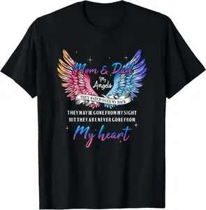 100% Cotton In Memory Of Mom Dad In Heaven Guardian Angel Wings Memorial T-Shirt