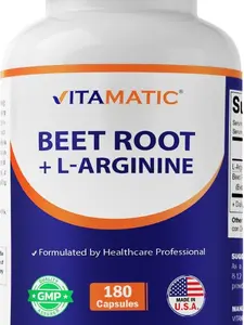 Vitamatic Beet Root + L-Arginine Edible Dietary Capsules - 1000 mg L-Arginine HCl Acid, 250 mg Beet Root Extract - Nitric Oxide Support, Heart & Circulation Health for Fitness & Healthcare - 180 Veg Capsules, Non-GMO, Made in USA