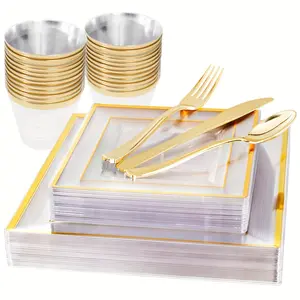 150 PCs Gold Plastic Square Plate Transparent Square Plastic Plate with Gold Trim Includes 25 One Dinner Plate 10.25 Inch 25 One Dessert Plate 7.5 Inch 25 CUP 9 Oz 25 Gold Plastic Tableware Hand Washable Reusable