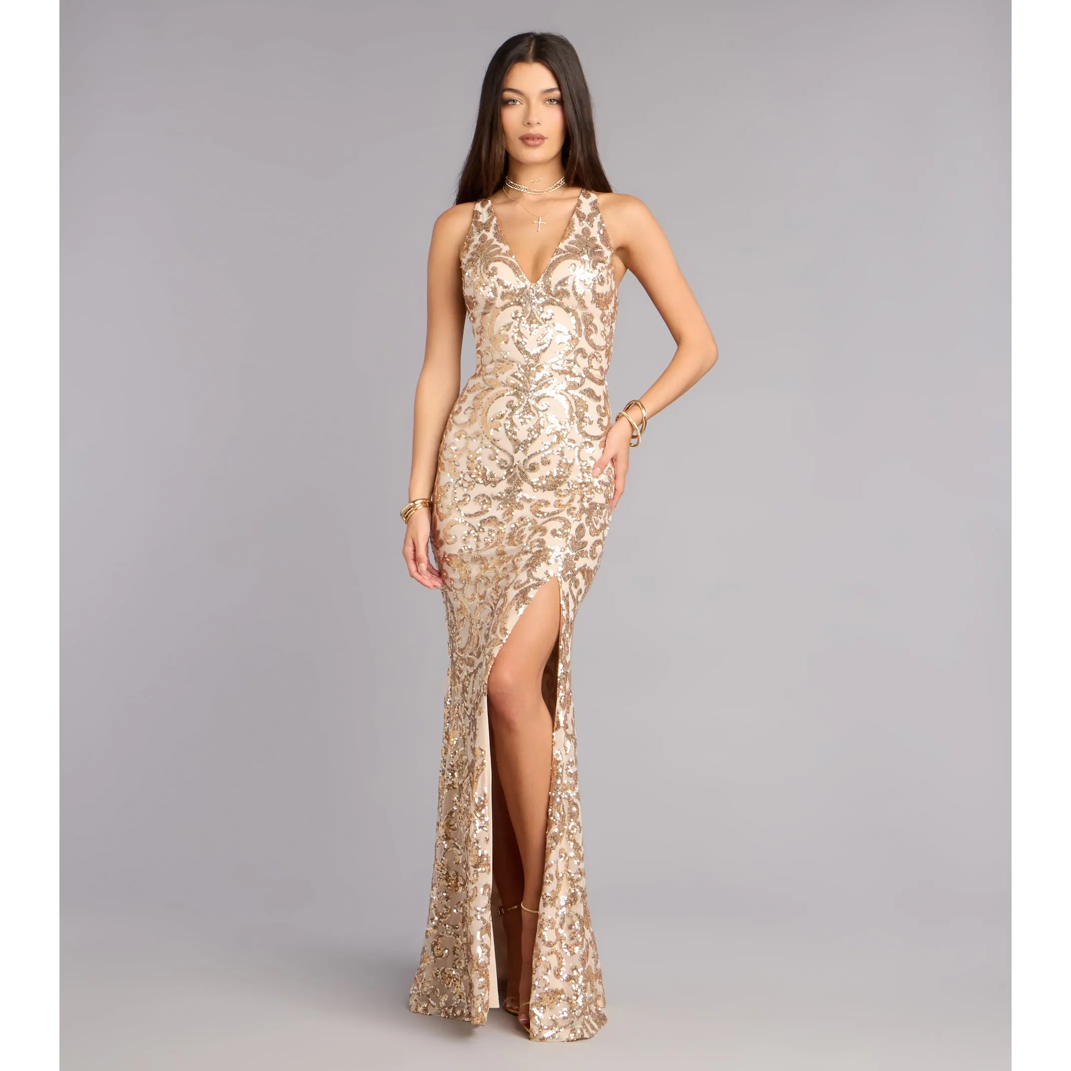 open lace back dress Scoop Neck Mermaid Beaded Long Prom Dress With Bow