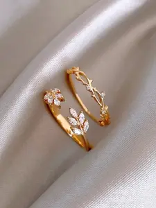 Elegant Leaf Design Zircon Copper Rings Set for Women, Small and Stylish, Perfect for Daily Commute, Casual Parties, Vacation Wear