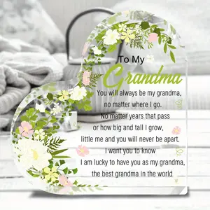 Grandma Themed Acrylic Plaque, Heart Shaped Flower Pattern Desk Decoration Ornament, Office Home Decor, Holiday Gift for Grandma, Birthday Blessing Ornament for Grandchildren