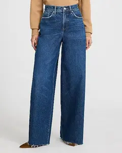 High Waisted Raw Hem Relaxed Wide Leg Stretch Jeans, Frayed Edge Denim Pants with Loose Fit, Casual Streetwear Everyday Women Jeans
