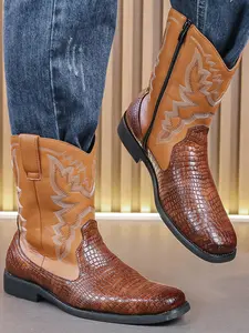 Men's Fashionable Embroidering Crocodile Embossed Boots, Casual Comfortable Zipper Design Boots for Daily Wear, Fashion Shoes for Party, Daily Clothing Decor, Western Cowboy Boots