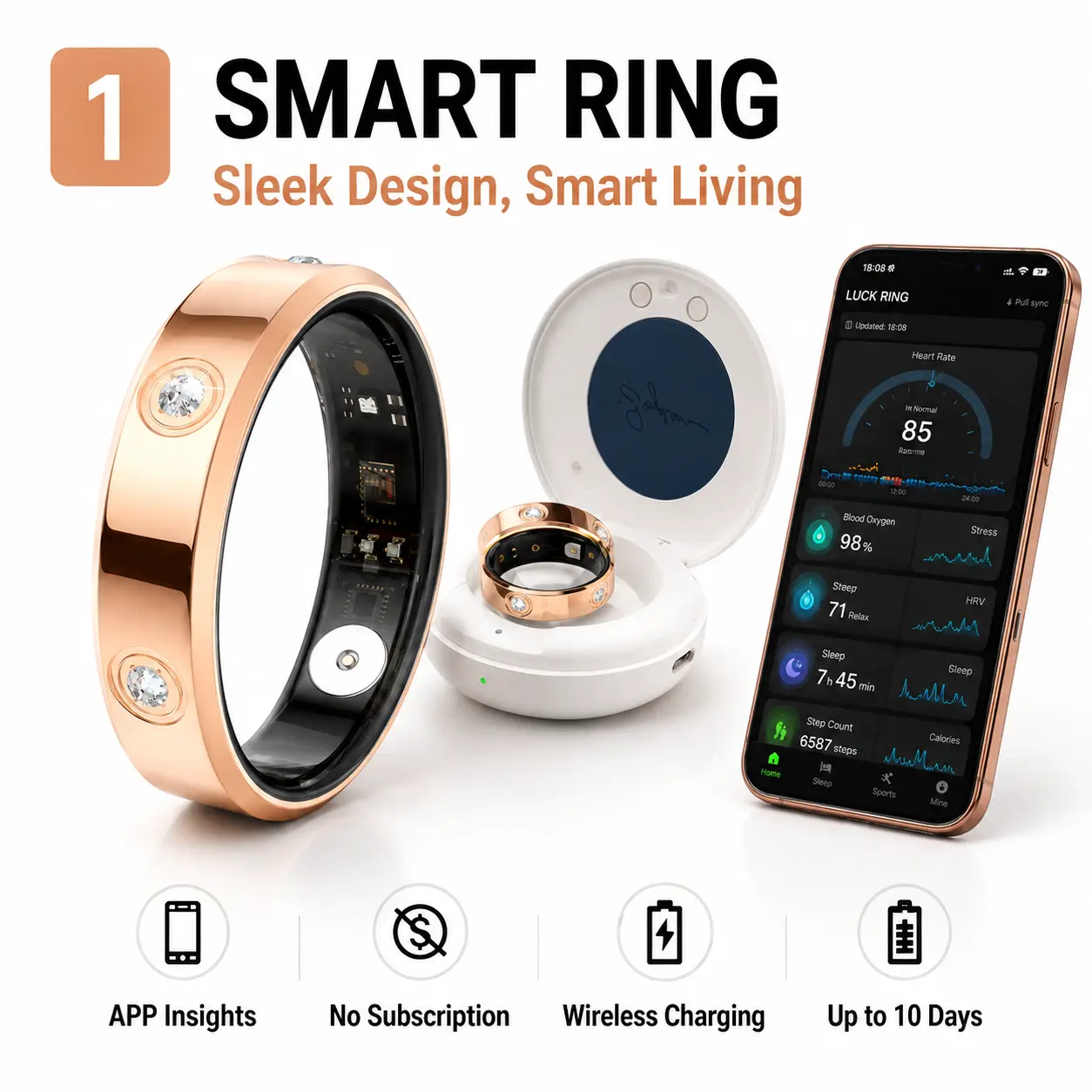 Smart Ring for Women & Men, Sleep & Fitness Tracker, IP68 Waterproof, No Subscription, Calorie Tracking, Wireless Charging Case