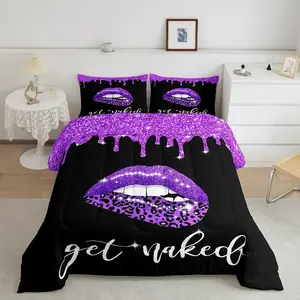 Purple Leopard Sexy Lips Comforter,Purple Black Get Naked Designer Comforter Set,Pink Sexy Lips Luxury Bedding Set,Funny Get Naked Duvet Set Pillow