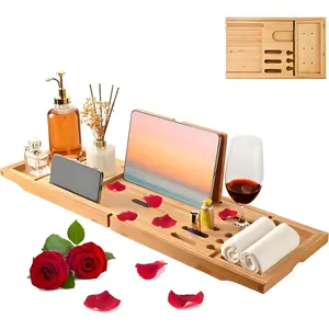 Bathtub Tray - Luxury Bamboo Bathtub Tray for Bath Accessories, Expandable Bath Caddy with Wine Glass Holder, for Her, Anniversary, Spa and Relaxation