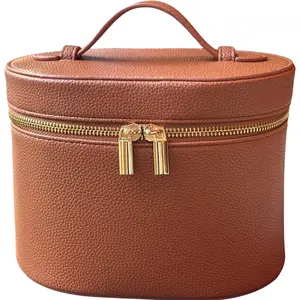 Vanity Case - Chic Brown Leather Cosmetic Bag with Zipper & Handle Design, 8x5.5x6 Inches, Travel Case Makeup Storage Organizer Compact