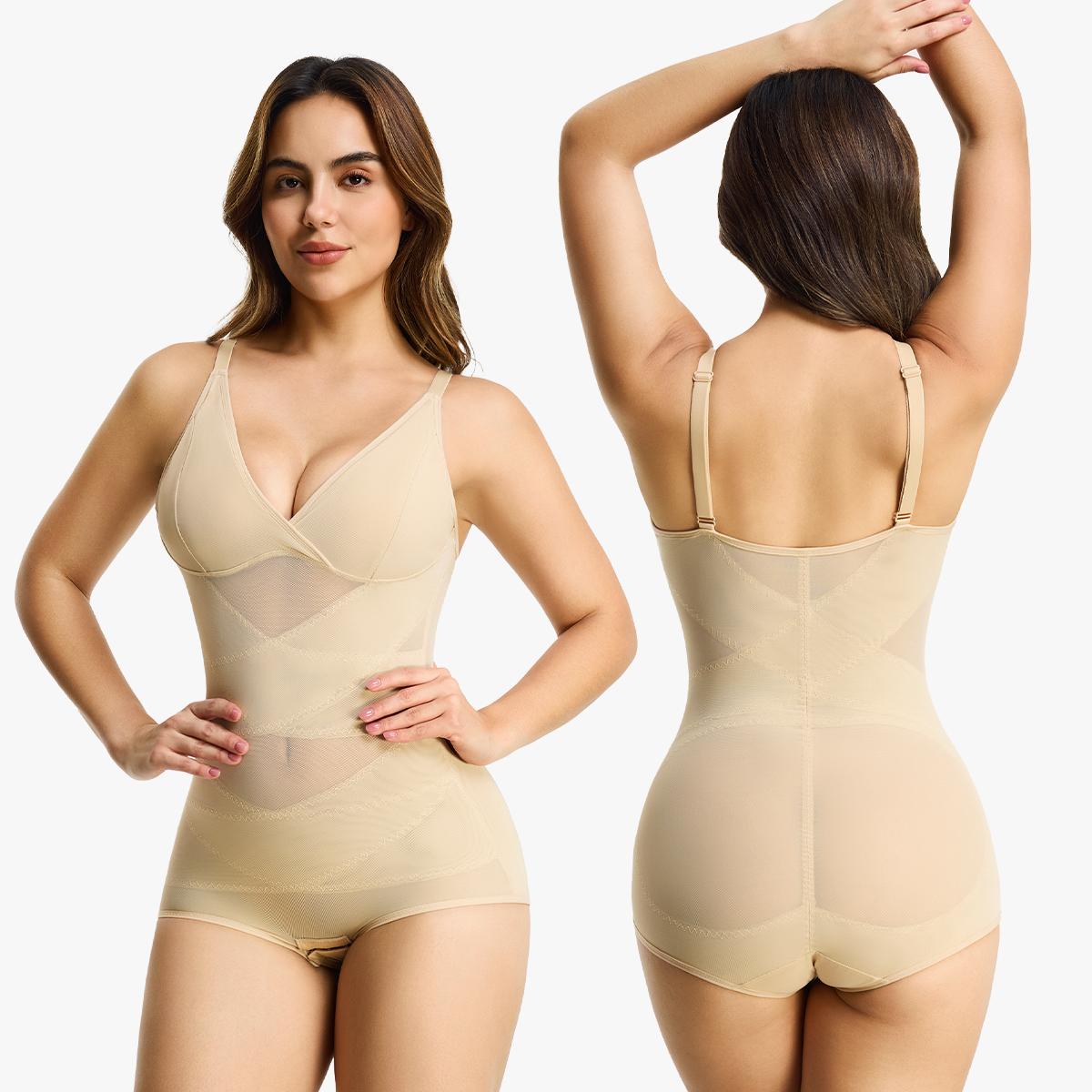 [MAX] Nebility Women's Vneck Bodysuit Shapewear - Built-in Bra, Mesh Breathable Compression, Sleeveless High Waisted, Basic Minimalist Comfort Womenswear Black&Black summerwins