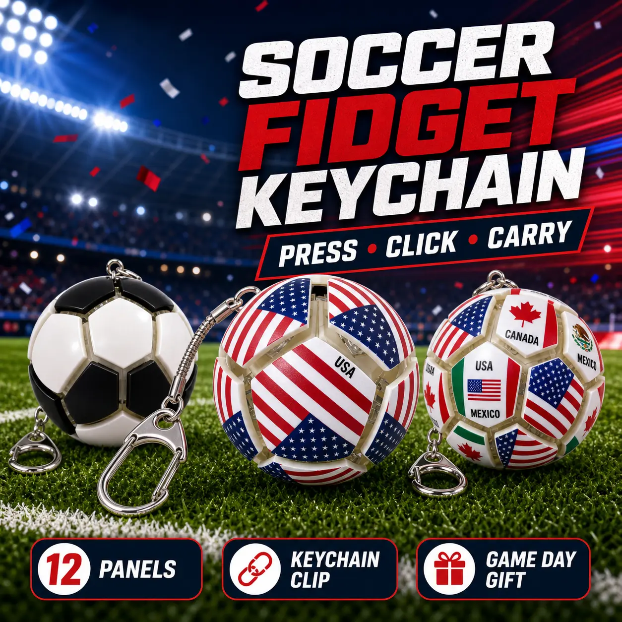 Classic Sports Flag Fidget Keychain Toy - 12 Clickable Panels Soccer Ball Clip, Portable Stress Relief Clicker, Purse/Backpack Accessory, Mini Party Gift for Soccer Fans