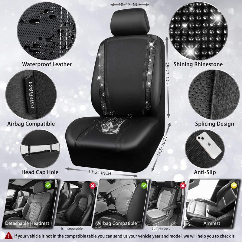 CAR PASS Bling Car Seat Covers, Shining Rhinestone Diamond Waterproof Leather,Interior Decor,Universal Fit Glitter Crystal Sparkle for Cute Women Girl