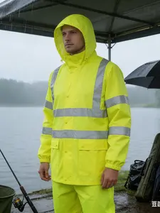 Men's High Visibility Reflective Raincoat Jacket, Waterproof Breathable Workwear with Two Large Pockets, Ideal for Heavy Rain, Construction, Fishing, Traffic Control