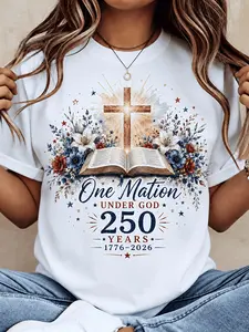 Plus Size Women's One Nation Under God 250 Years T-Shirt - Patriotic Bible Verse & Cross Print Short Sleeve Crew Neck Top Suitable for 1776-2026 Independence Day Outfits Casual Apparel for Church Events Casual Attire
