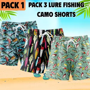 Pack3 Fishing Lure Gym Shorts With 5 Inch Inseam – Realistic Camouflage, Breathable, Athletic-Inspired Design – Ideal for Gym, Daily Wear, Outdoor Activities – Perfect Gift for Dad, Beloved Son, and Sports-Loving Friends