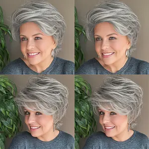 Natural Gray Short Wig, 6 Inch Straight Layered Brazilian Remy Human Hair, 150% Density Glueless Wig with Soft Rose Net Cap, Stable All-Day Wear, Elegant Sophisticated Versatile Look