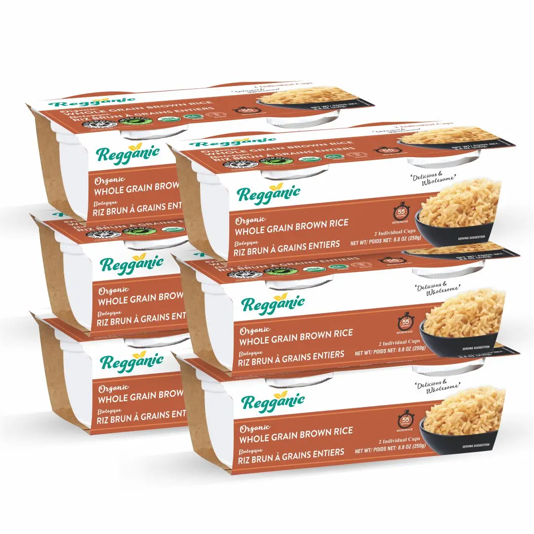 Reganic Organic Whole Grain Brown Rice 8.8 Oz Microwaveable Pouch Pack of 6 USDA Organic Halal Certified for All Ages Carb