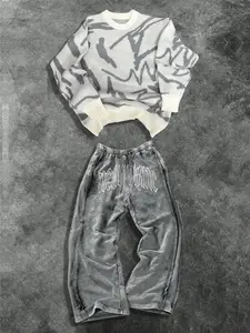 Men's Casual Matching Two-Piece Set, Graphic Print Sweater and Straight-Leg Pants, Soft Comfortable Round Neck, Spring Fall Winter Wear