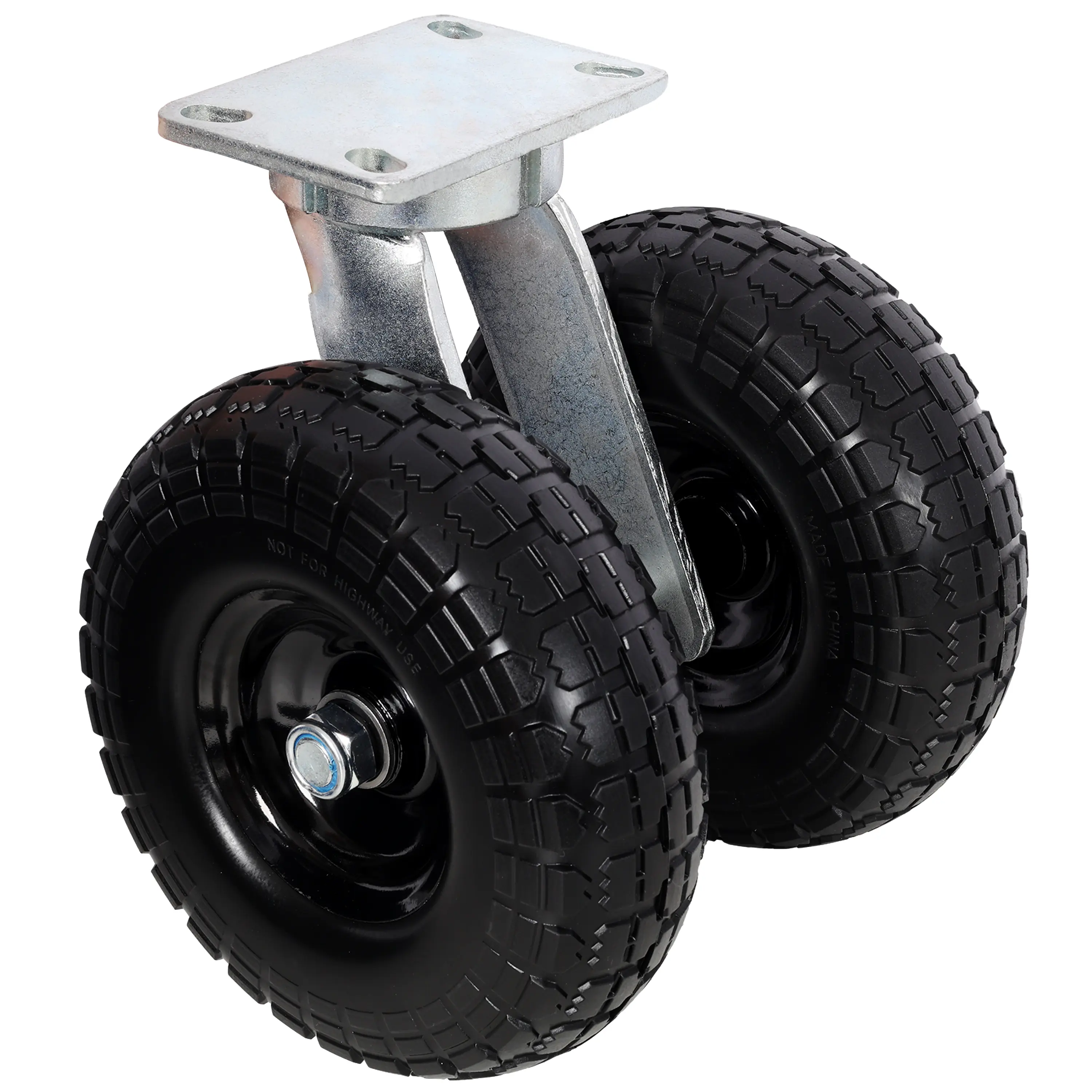 10 Inch Heavy Duty Dual Wheel Swivel Caster, 660LBS Load Capacity, Zinc Plated Industrial Caster with Optional Flat PU Foam or Pneumatic Air Wheels